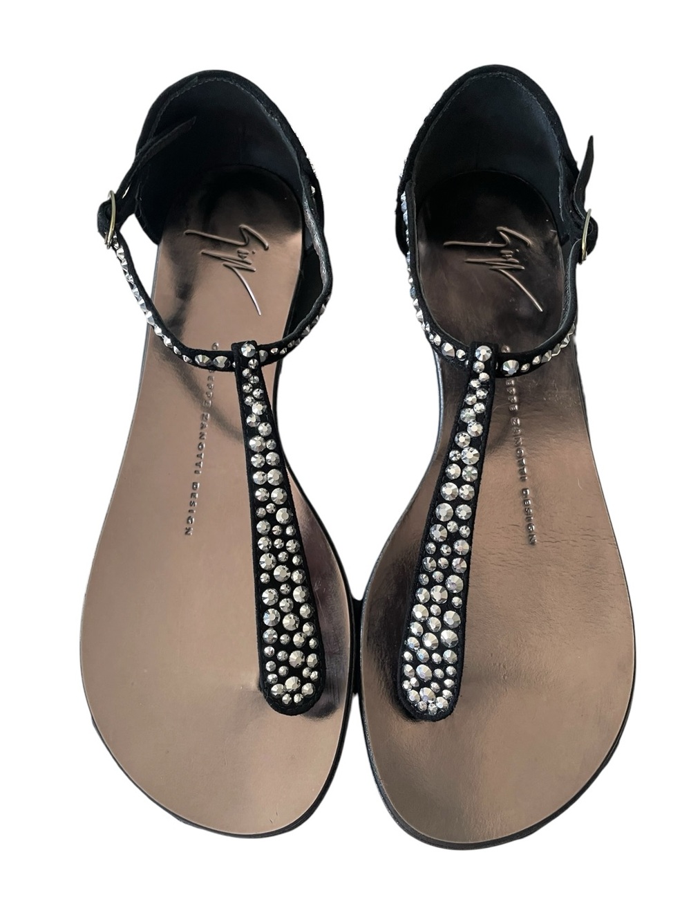 Giuseppe Zanotti Black Crystal T-Strap Flat Sandals